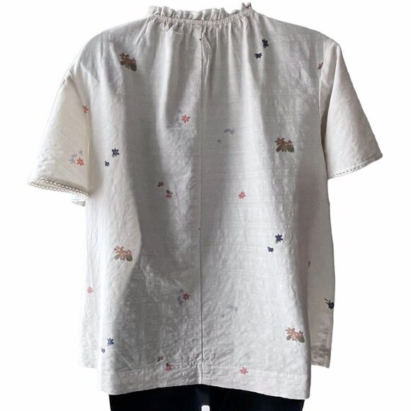 Floral Bell Short Sleeve Trim 1/2 Button Up Ivory Top Ruffle Neck Women’s L - Picture 6 of 10